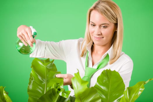 Green business woman water houseplant environment friendly smile