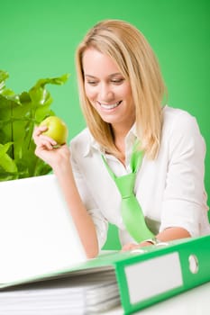 Green business office woman smiling hold apple plant environment friendly