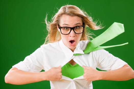 Green Superhero Businesswoman crazy face Emerges from shirt