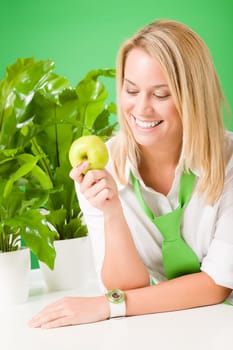 Green business office woman smiling hold apple plant environment friendly