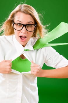 Green Superhero Businesswoman crazy face Emerges from shirt