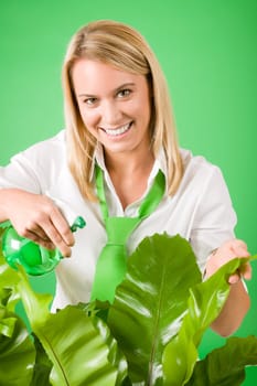 Green business woman water houseplant environment friendly smile