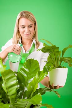 Green business woman water houseplant environment friendly smile