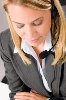 Customer service woman call operator phone headset close-up portrait