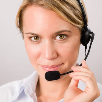 Customer service woman call operator phone headset close-up portrait