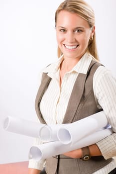 Female architect blueprints smiling hold standing on white background