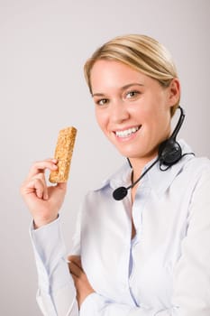 Customer care service center woman operator have break phone headset