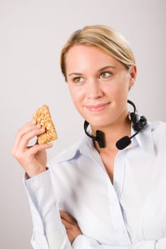 Customer care service center woman operator have break phone headset