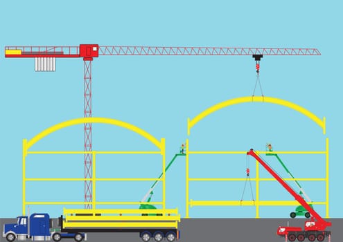 A Construction Site with Tower Crane Cherry Pickers Mobile Crane and Semi Trailer Loaded with Girders