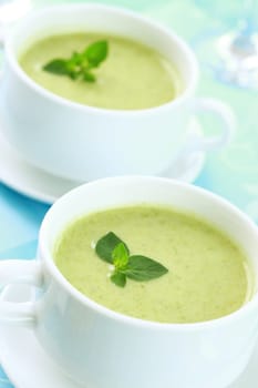 Soup of green vegetables with fresh herbs