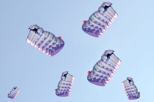 Many parachutes over a blue sky background