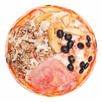 Italian Four Seasons Pizza (Pizza Quattro Stagioni) - isolated over a white background