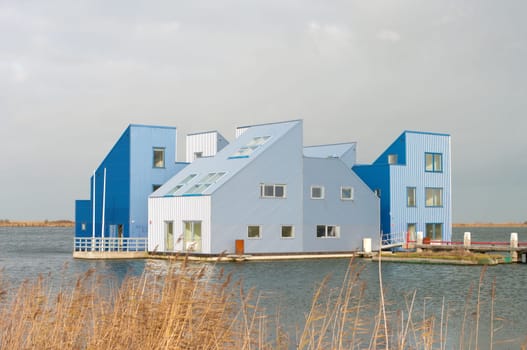 modern floating offices and houses in Almere, Netherlands