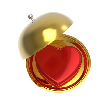 Red heart on a golden platter, isolated on white background, render