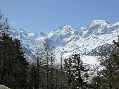 Piz Bernina range of mountains in Swiss Rethic Alps in Canton Graubuenden near St Moritz