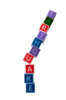 toy letters that spell earthquake against a white background with clipping path