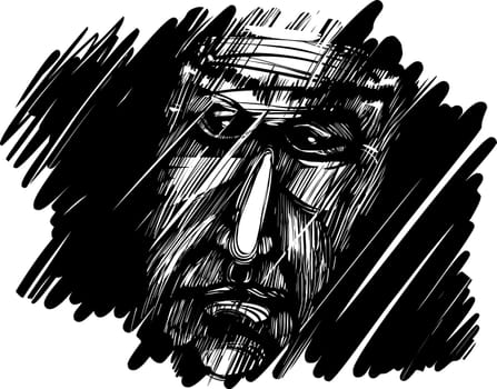 sketch drawing illustration of old man&#039 s face in the dark