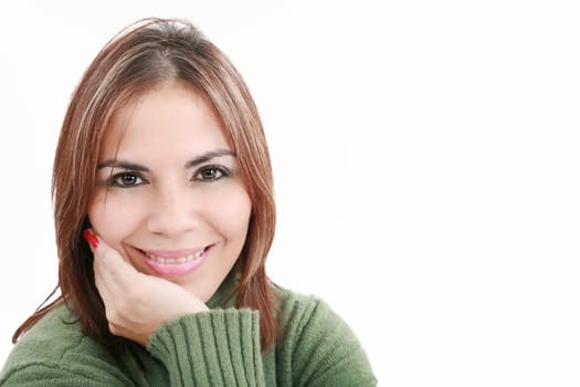 Head and shoulders shot of a young caucasian woman looking straight at the camera with a very neutral look