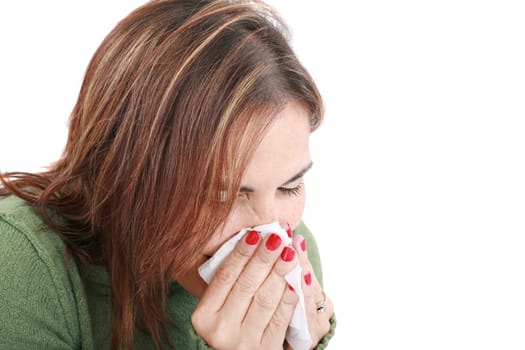 Sick woman with tissue on white
