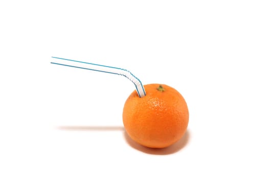 tangerine with straw on a white background