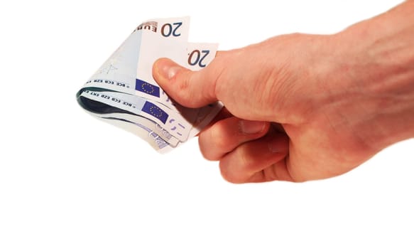 Hand and money on a white background