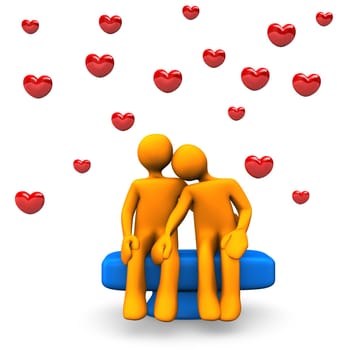 Two orange toons in love with red hearts.