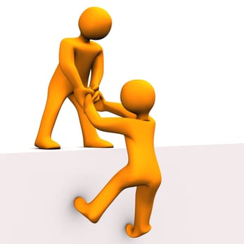 3d illustration - orange toon help his friend.