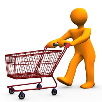 Orange cartoon character goes shopping.