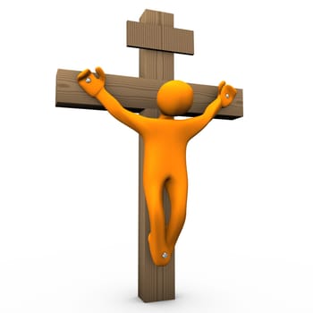 Orange cartoon crucified on the white background.