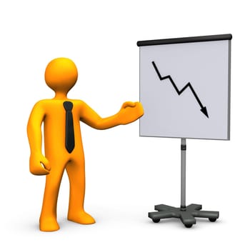 Orange cartoon with black tie and chart on white background.