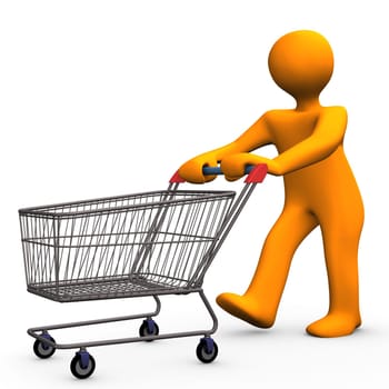 Orange cartoon character goes shopping.
