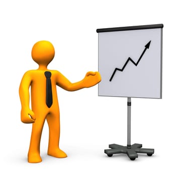 Orange cartoon with black tie and chart on white background.