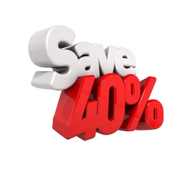 A 3d render of forty percent price reduction and save in text and numbers angled obliquely isolated on white