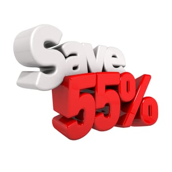 A 3d render of fifty-five percent price reduction and save in text and numbers angled obliquely isolated on white