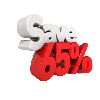 A 3d render of sixty-five percent price reduction and save in text and numbers angled obliquely isolated on white