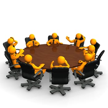 Orange cartoon characters behind a round conference table.