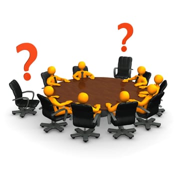 Orange cartoon characters on round table with red question marks.