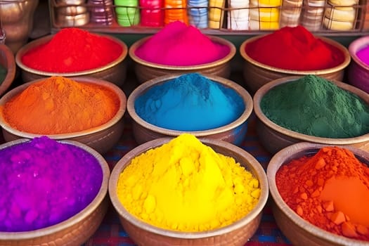 Colorful powder for sale in shop during Holi color festival. Neural network generated photorealistic image. Not based on any actual person or scene.