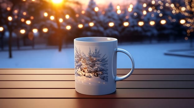 Christmas Mug with hot drink on blurred background with bokeh effect. AI Generated.