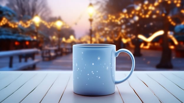 Christmas Mug with hot drink on blurred background with bokeh effect. AI Generated.