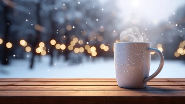 Christmas Mug with hot drink on blurred background with bokeh effect. AI Generated.