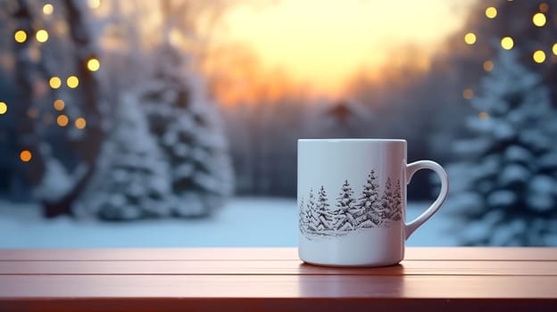 Christmas Mug with hot drink on blurred background with bokeh effect. AI Generated.