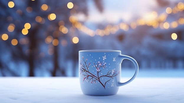 Christmas Mug with hot drink on blurred background with bokeh effect. AI Generated.