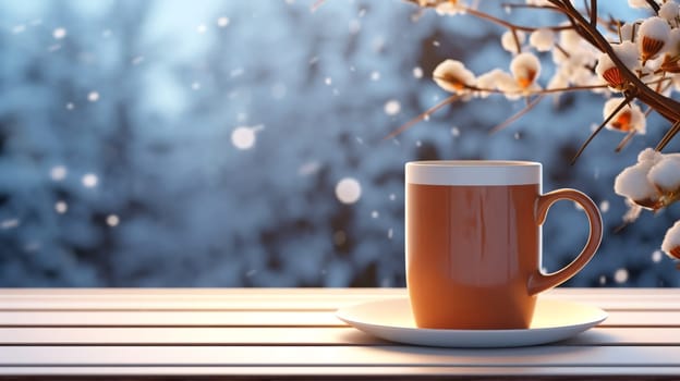 Christmas Mug with hot drink on blurred background with bokeh effect. AI Generated.