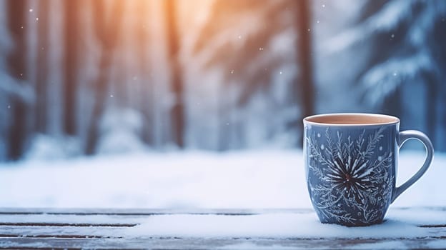 Christmas Mug with hot drink on blurred background with bokeh effect. AI Generated.