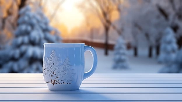 Christmas Mug with hot drink on blurred background with bokeh effect. AI Generated.