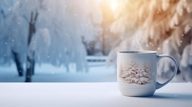 Christmas Mug with hot drink on blurred background with bokeh effect. AI Generated.