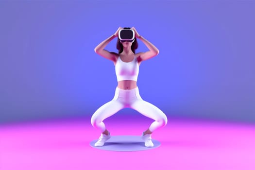 reality woman floating three-dimensional smart vr yoga digital connect neon game glasses fly sport headset colorful internet innovation virtual cyberspace goggle. Generative AI.