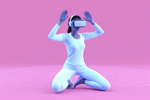 art woman futuristic reality virtual gadget lifestyle vr cyborg entertainment background connect innovation character neon yoga game digital glasses sport goggle. Generative AI.