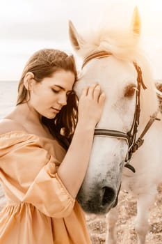 A white horse and a woman in a dress stand on a beach, with the sky and sea creating a picturesque backdrop for the scene